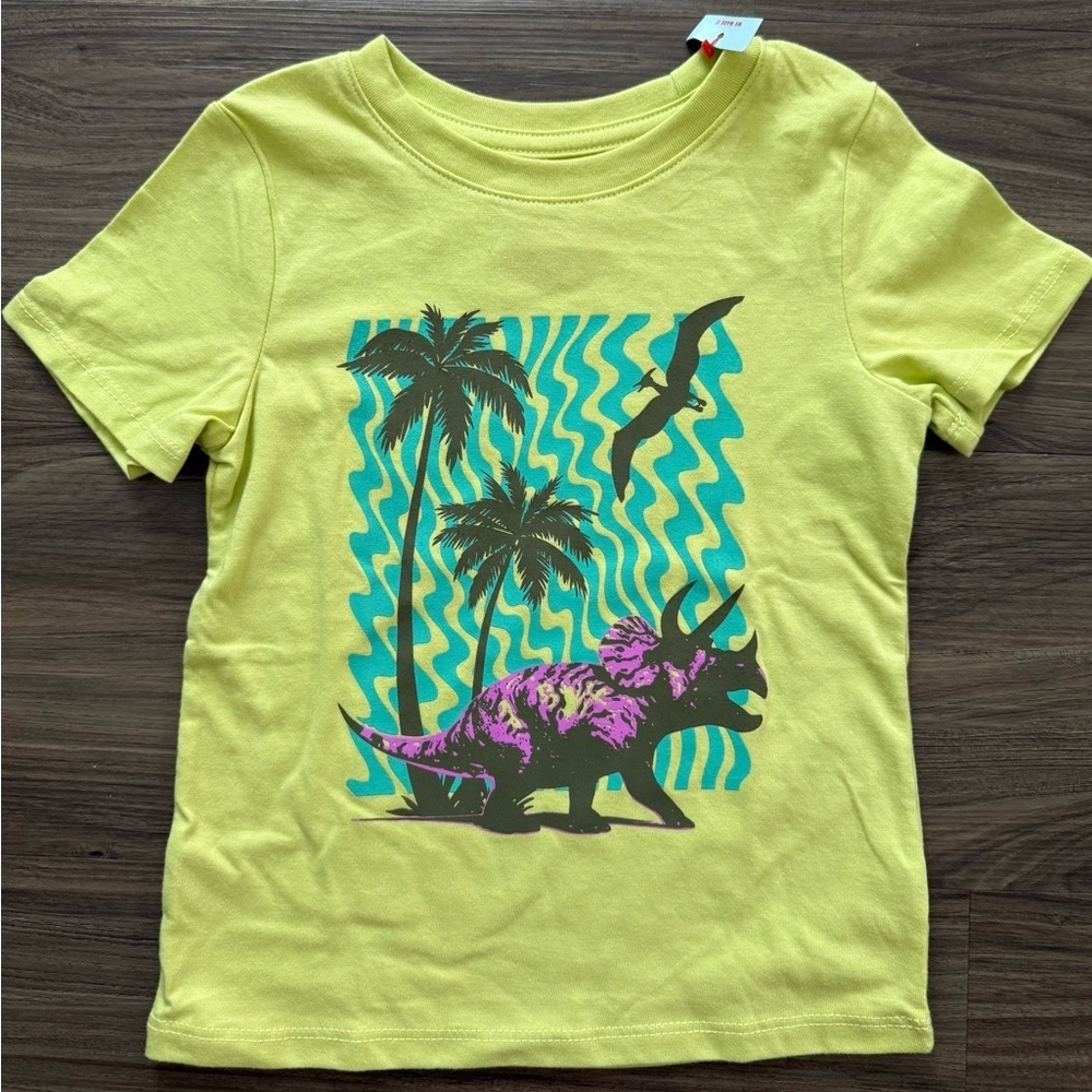 Cat & Jack Yellow Green Tee with Purple Dinosaur and Blue Waves size 3T-NWT